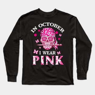 I Wear Pink For Breast Cancer Pink Ribbon Pirate Women Long Sleeve T-Shirt